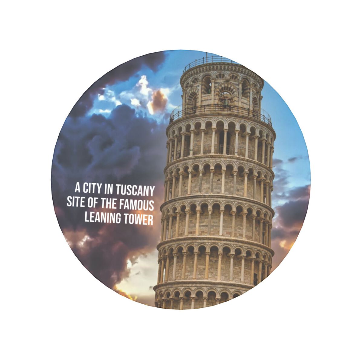 painting of the leaning tower of pisa at sunset with clouds in the background