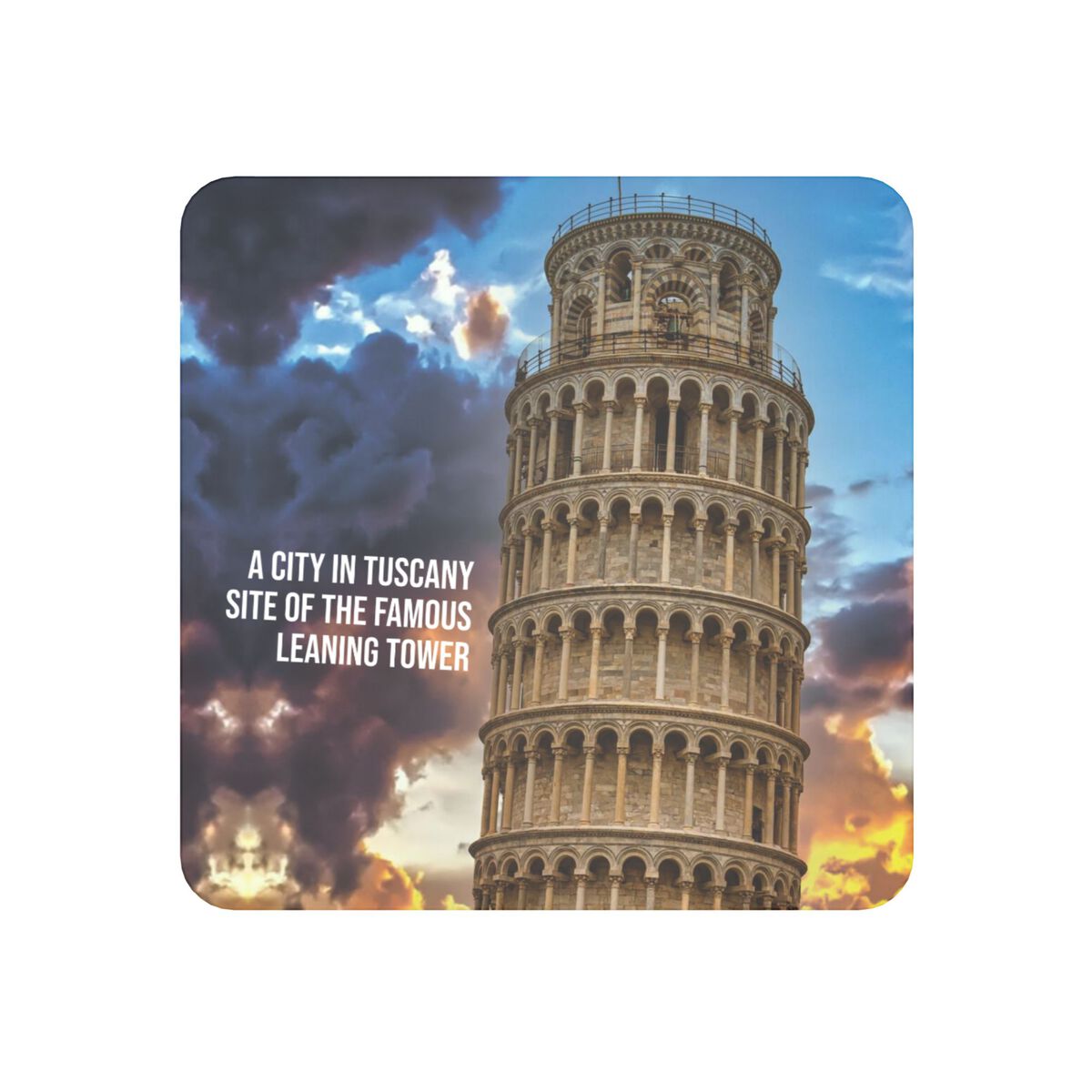 painting of the leaning tower of pisa at sunset with clouds in the background