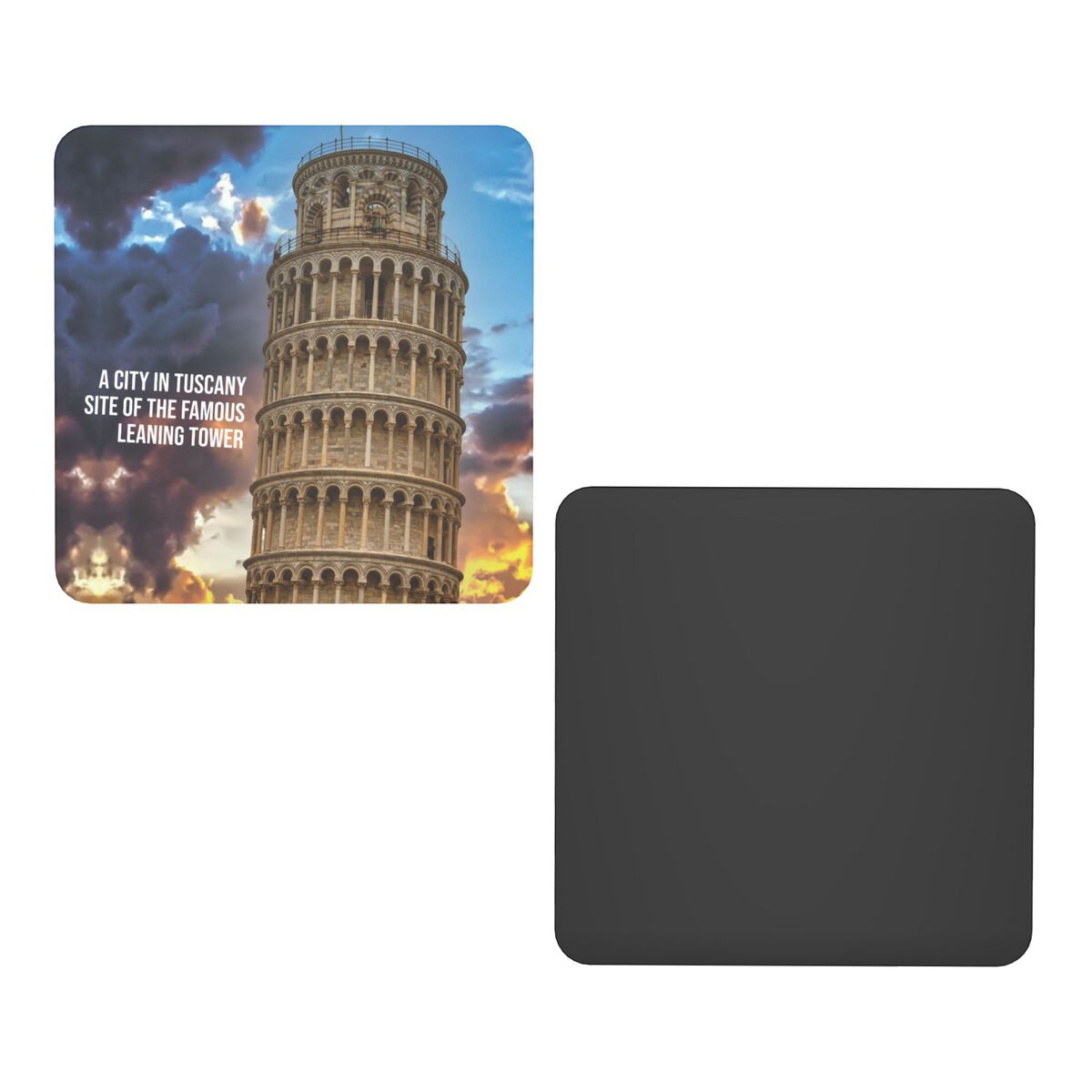 painting of the leaning tower of pisa at sunset with clouds in the background